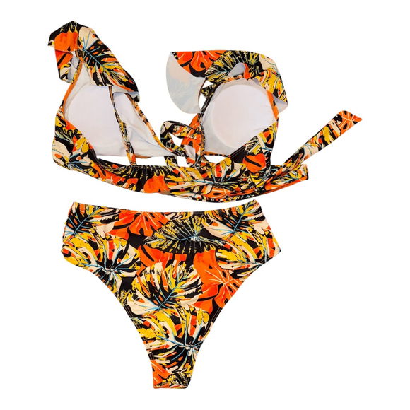 Tropical Print Two-Piece Swimsuit, Orange and Yellow Floral Pattern, Size L - Picture 2 of 2